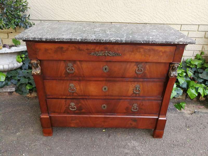 Rare Original French Empire Walnut Commode With Fossil Marble Top And Gilt Bronze Mountings, Orig...