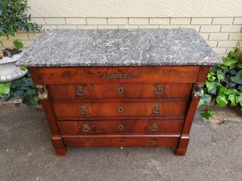 Rare Original French Empire Walnut Commode With Fossil Marble Top And Gilt Bronze Mountings, Orig...