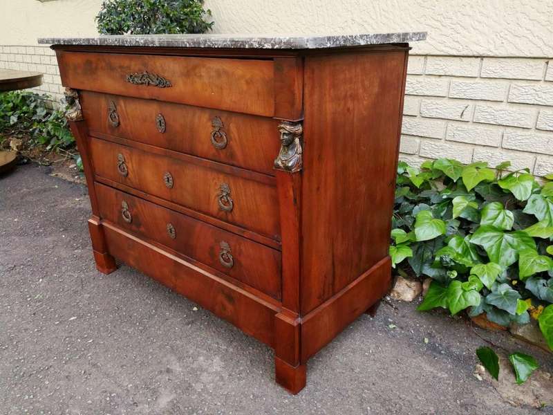 Rare Original French Empire Walnut Commode With Fossil Marble Top And Gilt Bronze Mountings, Orig...
