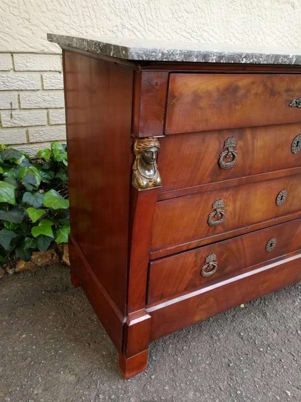 Rare Original French Empire Walnut Commode With Fossil Marble Top And Gilt Bronze Mountings, Orig...