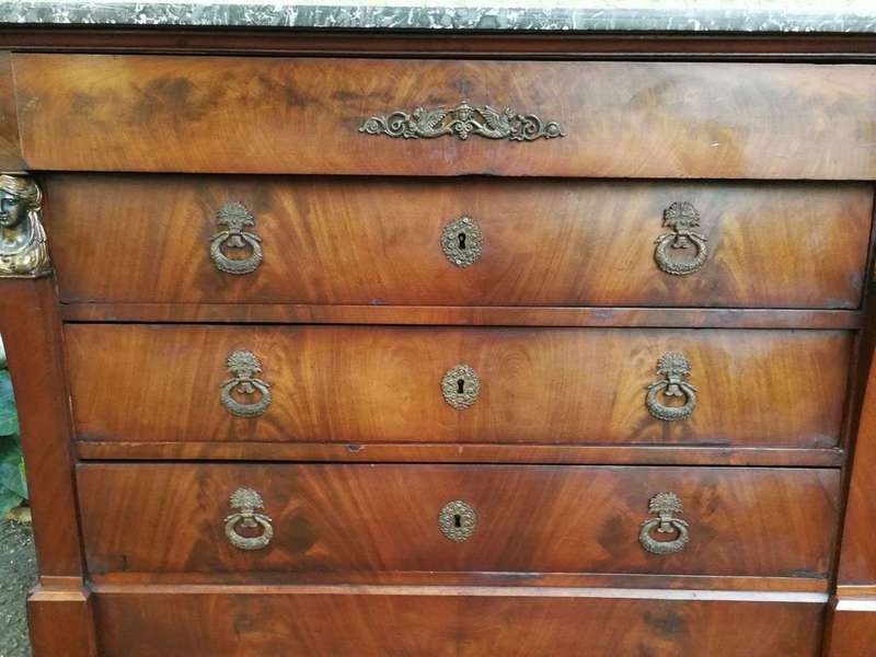 Rare Original French Empire Walnut Commode With Fossil Marble Top And Gilt Bronze Mountings, Orig...