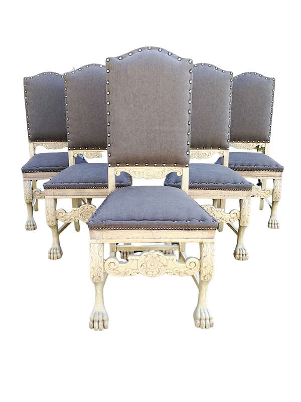 A Set of Six Carved and Bleached / Natural Wood Finish Oak Wooden Chairs on Lion Paw Feet  Uphols...
