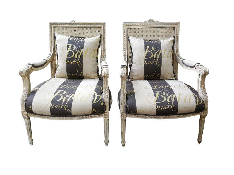 Pair Of French Style Rattan Painted Armchairs Upholstered In Imported Hand Painted Linen