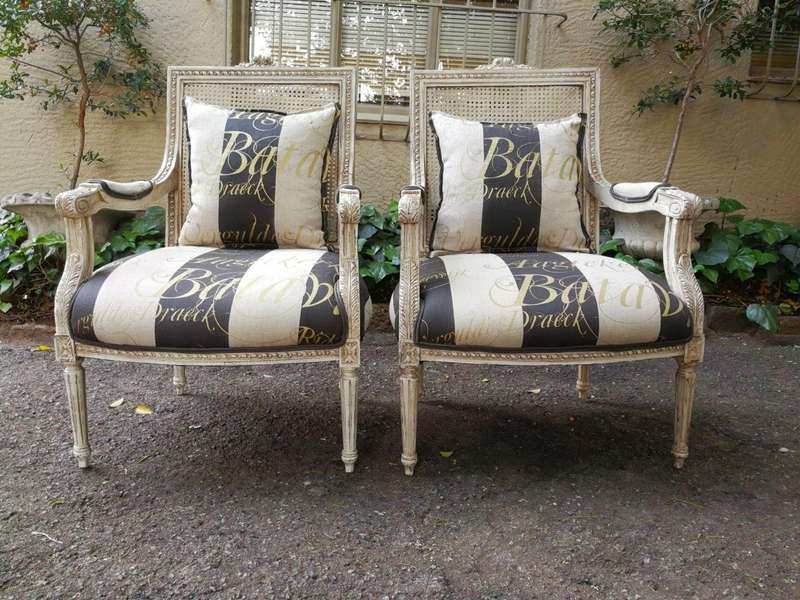 Pair Of French Style Rattan Painted Armchairs Upholstered In Imported Hand Painted Linen