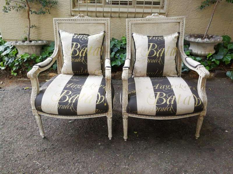 Pair Of French Style Rattan Painted Armchairs Upholstered In Imported Hand Painted Linen