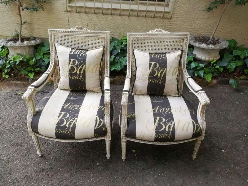 Pair Of French Style Rattan Painted Armchairs Upholstered In Imported Hand Painted Linen