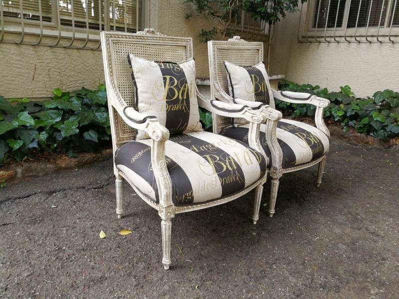 Pair Of French Style Rattan Painted Armchairs Upholstered In Imported Hand Painted Linen