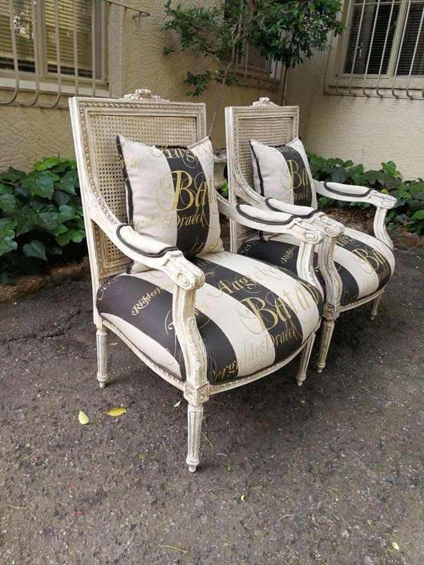 Pair Of French Style Rattan Painted Armchairs Upholstered In Imported Hand Painted Linen