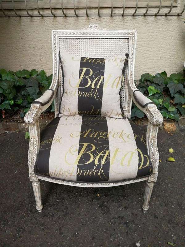 Pair Of French Style Rattan Painted Armchairs Upholstered In Imported Hand Painted Linen