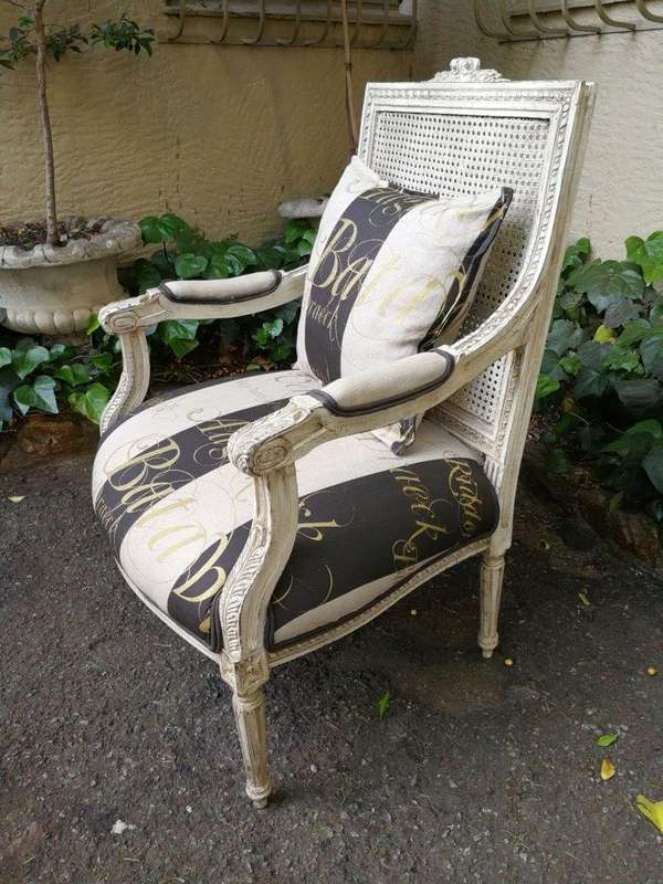 Pair Of French Style Rattan Painted Armchairs Upholstered In Imported Hand Painted Linen
