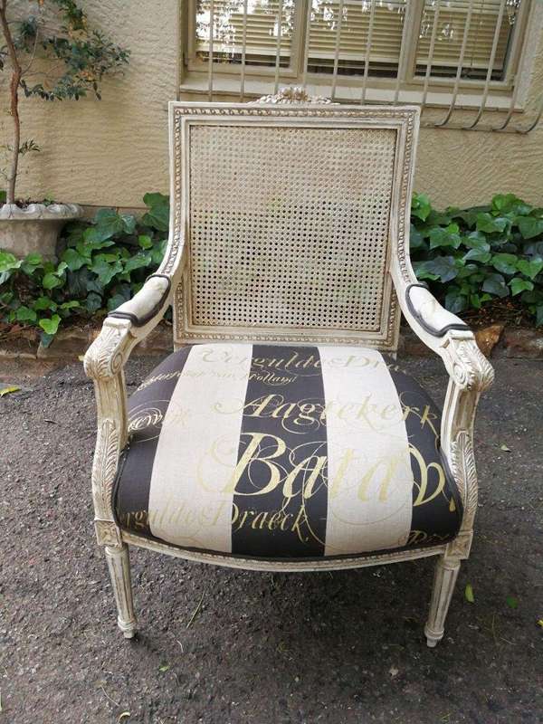 Pair Of French Style Rattan Painted Armchairs Upholstered In Imported Hand Painted Linen