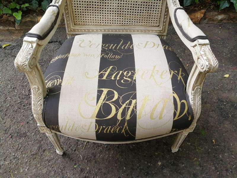Pair Of French Style Rattan Painted Armchairs Upholstered In Imported Hand Painted Linen