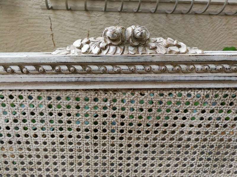 Pair Of French Style Rattan Painted Armchairs Upholstered In Imported Hand Painted Linen