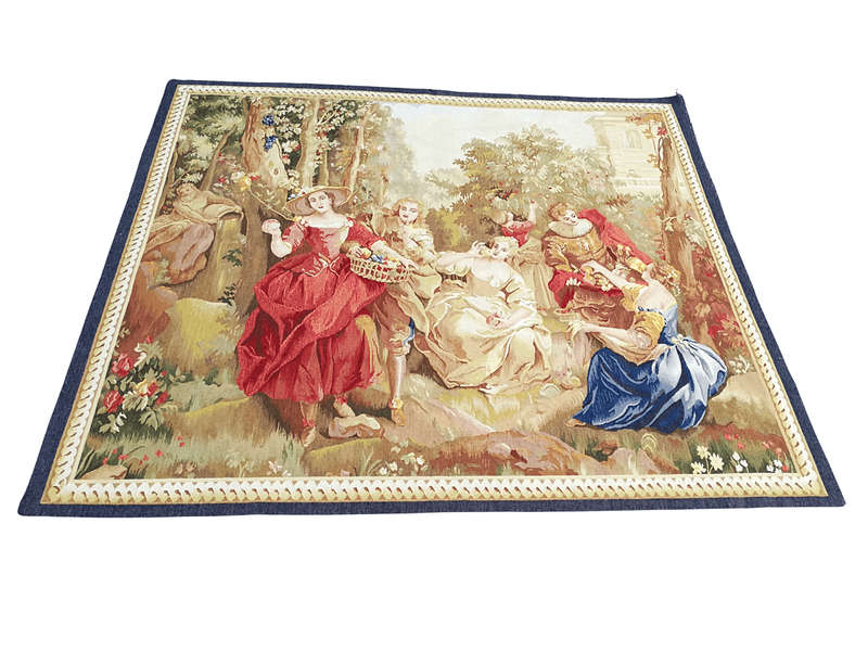 Antique Aubusson French Tapestry Garden Party Scene Hand Woven Circa.19th Century
