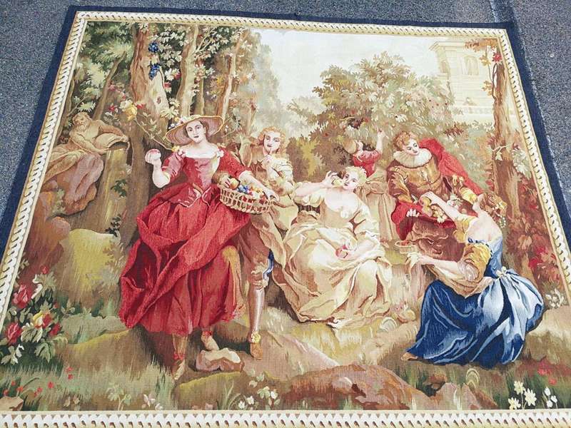 Antique Aubusson French Tapestry Garden Party Scene Hand Woven Circa.19th Century