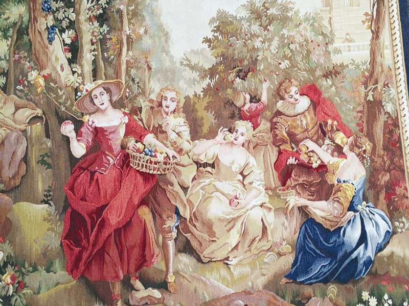 Antique Aubusson French Tapestry Garden Party Scene Hand Woven Circa.19th Century
