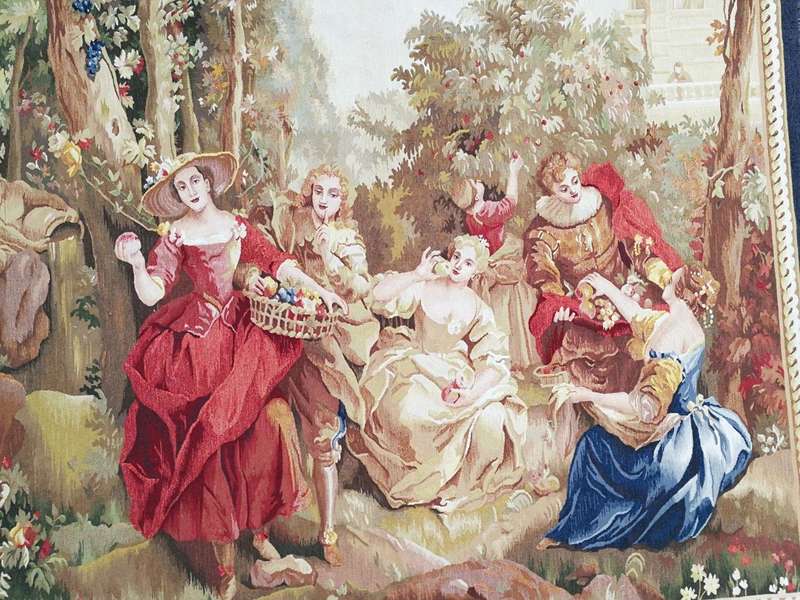 Antique Aubusson French Tapestry Garden Party Scene Hand Woven Circa.19th Century