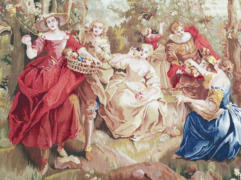 Antique Aubusson French Tapestry Garden Party Scene Hand Woven Circa.19th Century