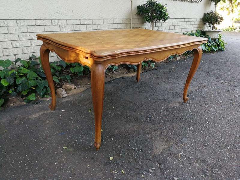 French Walnut Parquetry Extending Dining Table Parquetry Top, Slight Serpentine Outer Edge And Ca...