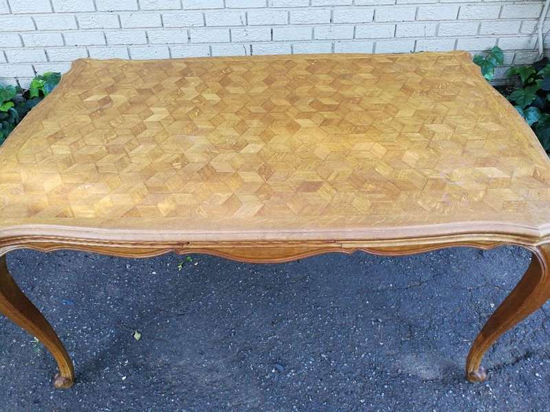 French Walnut Parquetry Extending Dining Table Parquetry Top, Slight Serpentine Outer Edge And Ca...