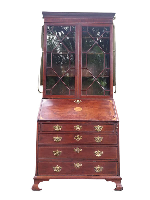 Edwardian Cubin Mahogany Secretaire With Inlaid Marquetry On Shaped Bracket Feet