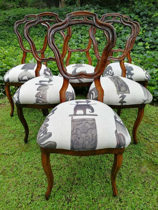 Set of 6 / six Circa 1910 Walnut Chairs Upholstered in a Contemporary Hertex Fabric