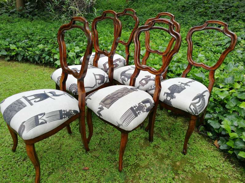 Set of 6 / six Circa 1910 Walnut Chairs Upholstered in a Contemporary Hertex Fabric