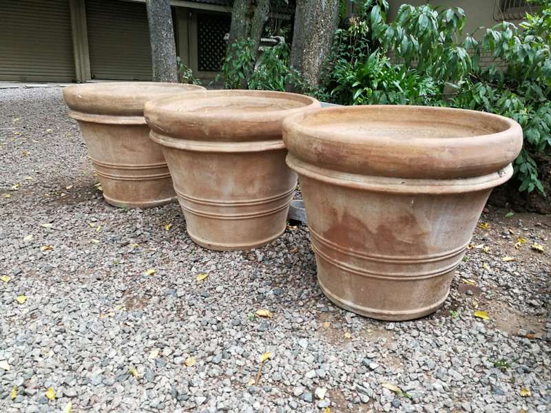 A Set Of Three Large Size French Imported Terracotta Pots/Planters