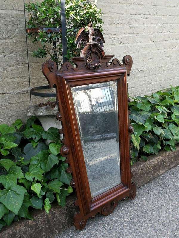 Early 19th Century And Very Rare Bevelled Carved Wooden Mirror Surmounted By A Federal Eagle