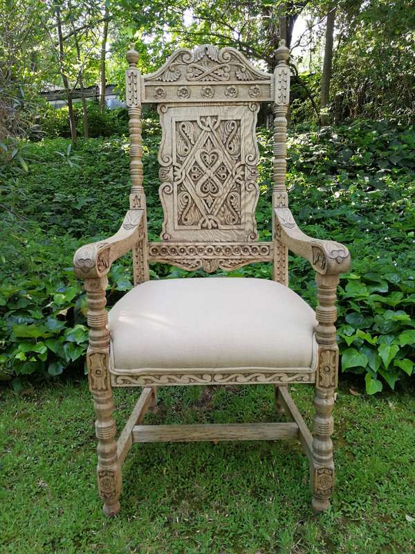 A 19th Century Continental Bleached / Natural Wood Finish and Carved Armchair With upholstered