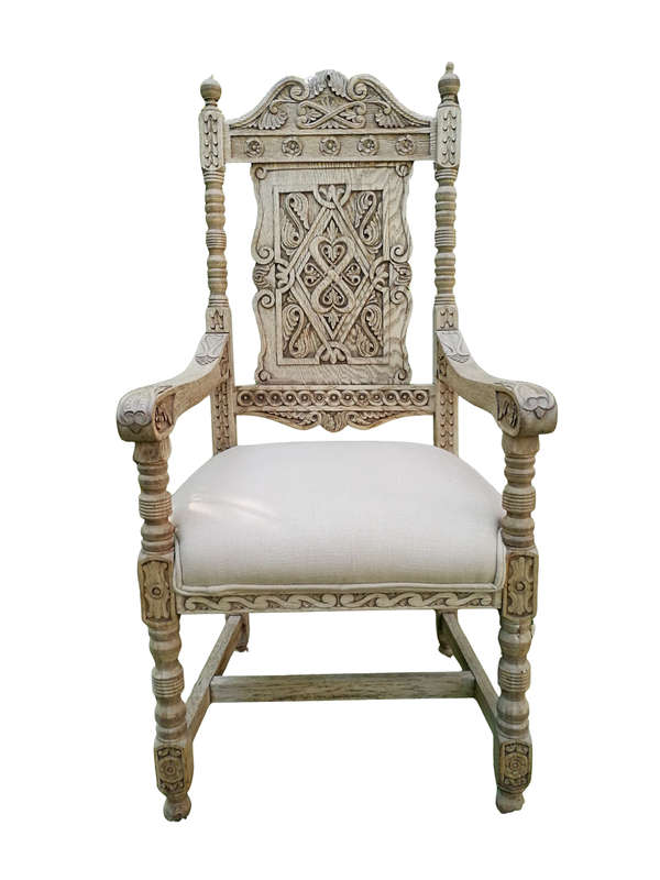 A 19th Century Continental Bleached / Natural Wood Finish and Carved Armchair With upholstered
