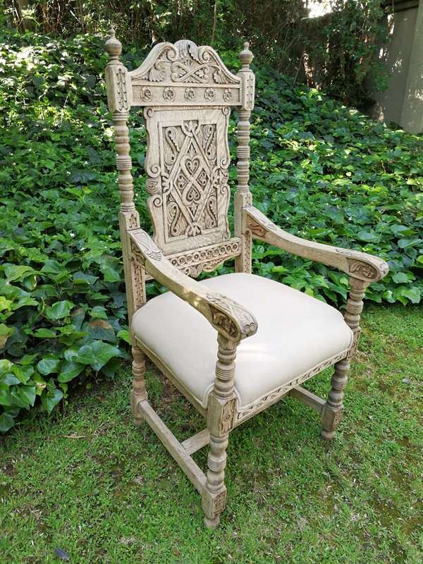 A 19th Century Continental Bleached / Natural Wood Finish and Carved Armchair With upholstered