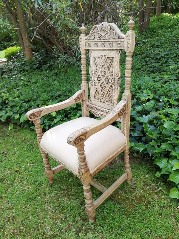 A 19th Century Continental Bleached / Natural Wood Finish and Carved Armchair With upholstered