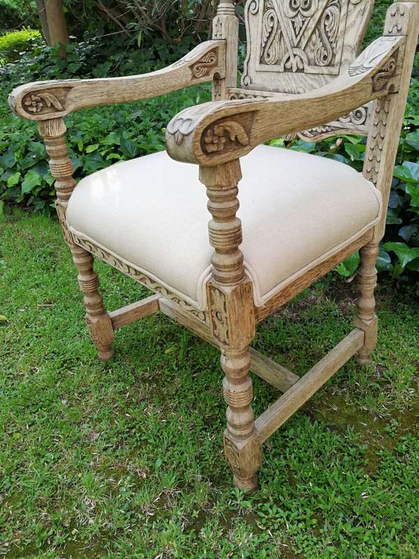 A 19th Century Continental Bleached / Natural Wood Finish and Carved Armchair With upholstered