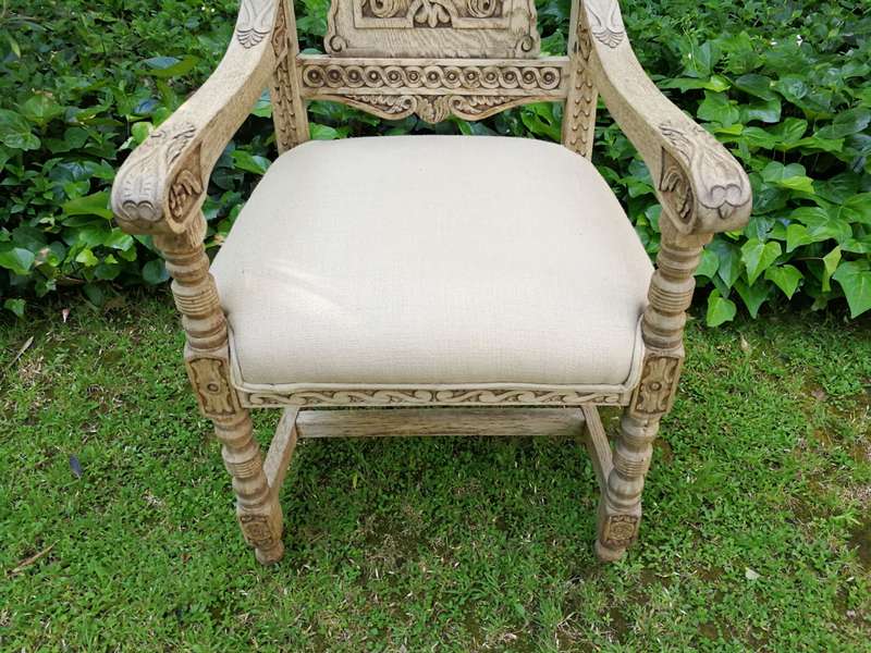 A 19th Century Continental Bleached / Natural Wood Finish and Carved Armchair With upholstered