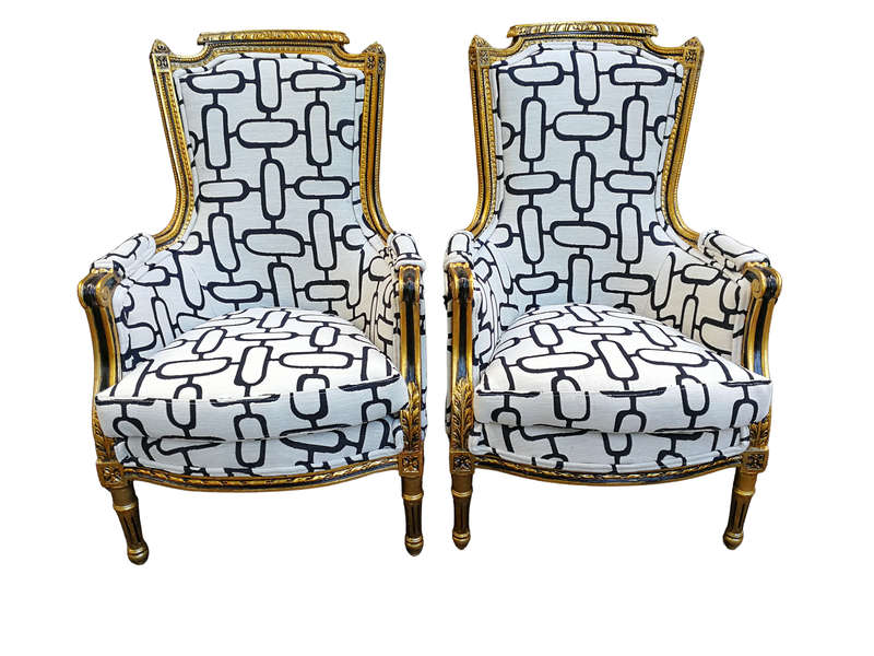 A Pair of Late 19th Century French Bergere Chairs Hand Gilded with Gold Leaf and Upholstered in i...