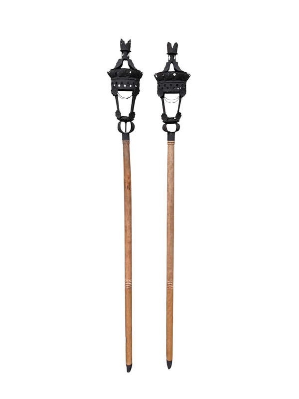 Pair Black French Wrought Iron Candle Lantern On Wooden Stake