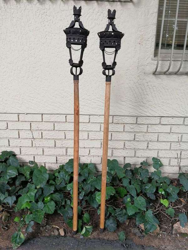 Pair Black French Wrought Iron Candle Lantern On Wooden Stake
