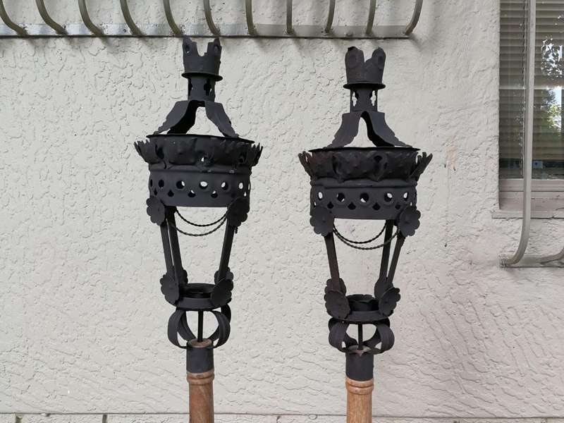 Pair Black French Wrought Iron Candle Lantern On Wooden Stake