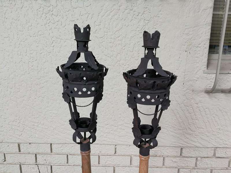 Pair Black French Wrought Iron Candle Lantern On Wooden Stake