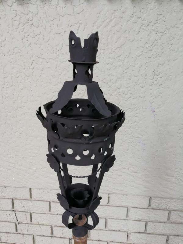 Pair Black French Wrought Iron Candle Lantern On Wooden Stake