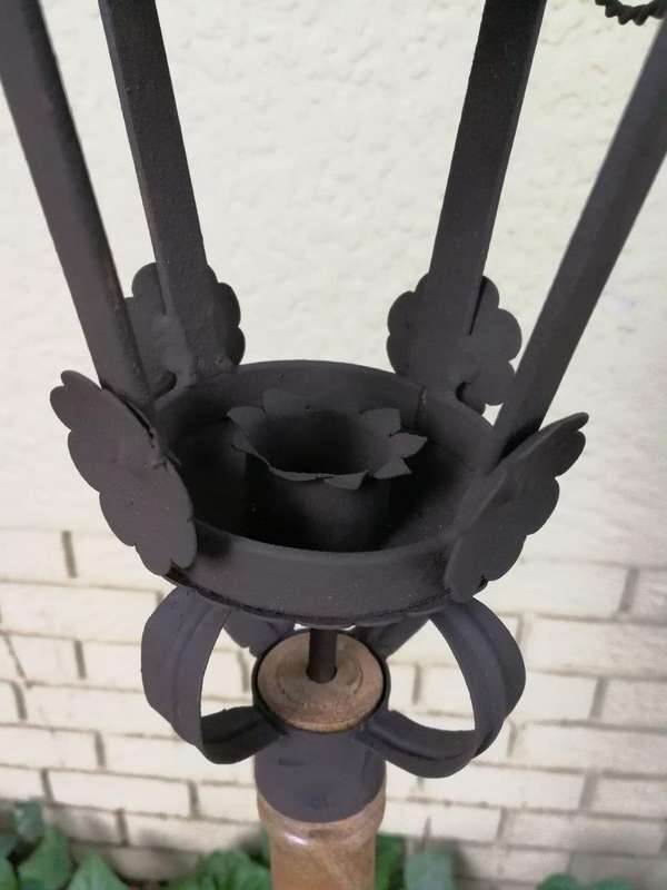 Pair Black French Wrought Iron Candle Lantern On Wooden Stake