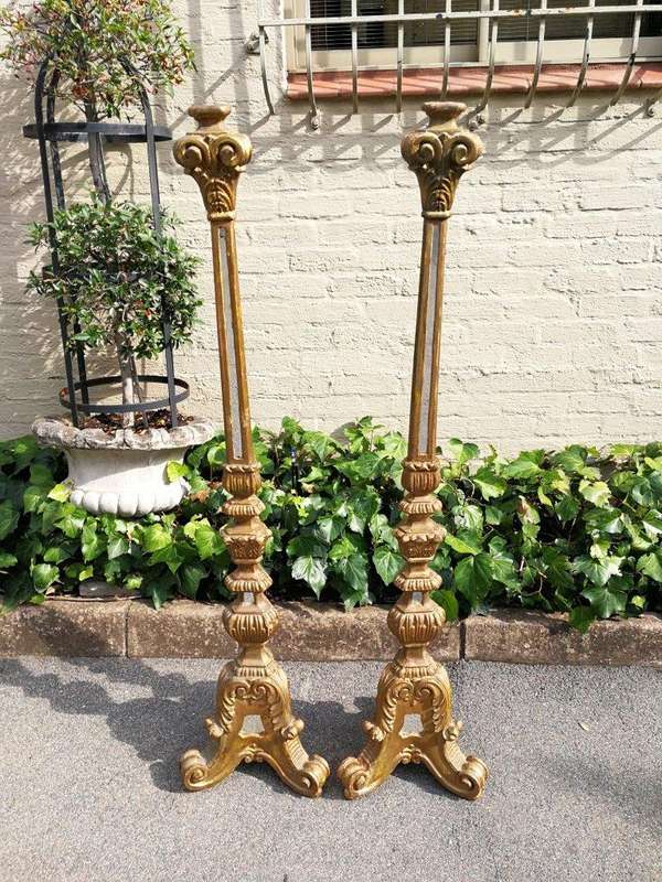 A Pair Of Painted And Mirror Inlaid Candlesticks