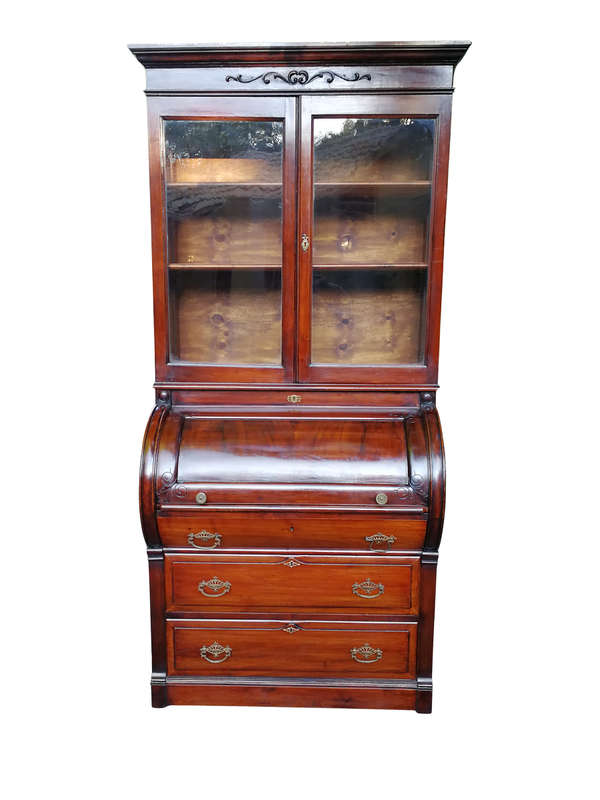 Victorian Mahogany Cylinder Top Secretaire Bookcase
