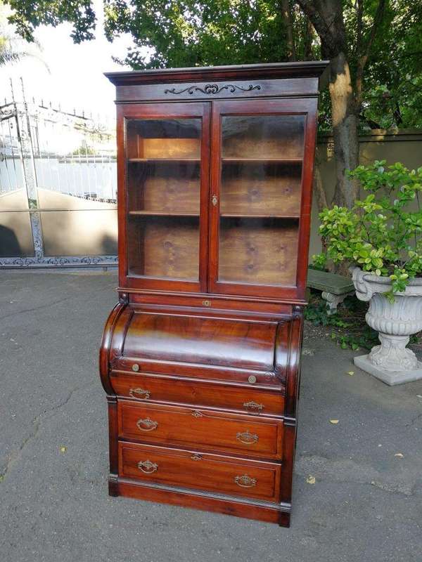 Victorian Mahogany Cylinder Top Secretaire Bookcase