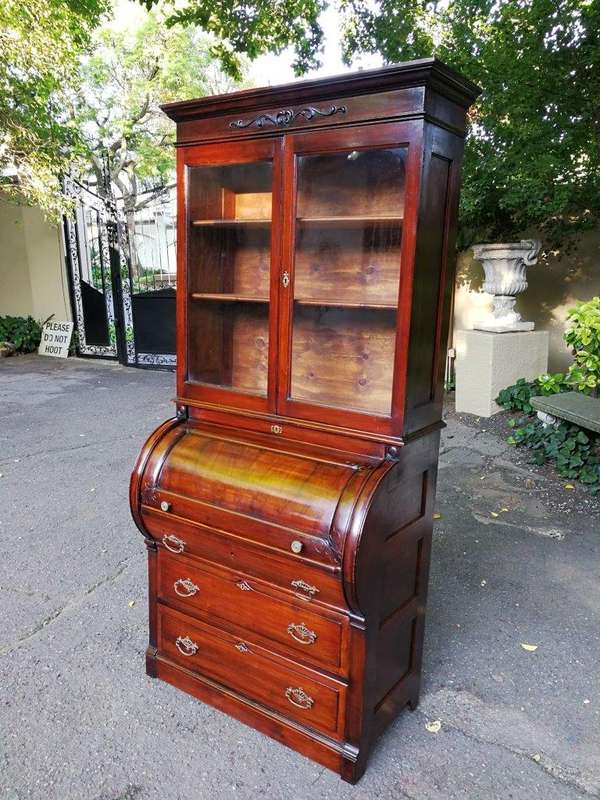 Victorian Mahogany Cylinder Top Secretaire Bookcase