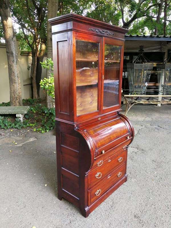 Victorian Mahogany Cylinder Top Secretaire Bookcase