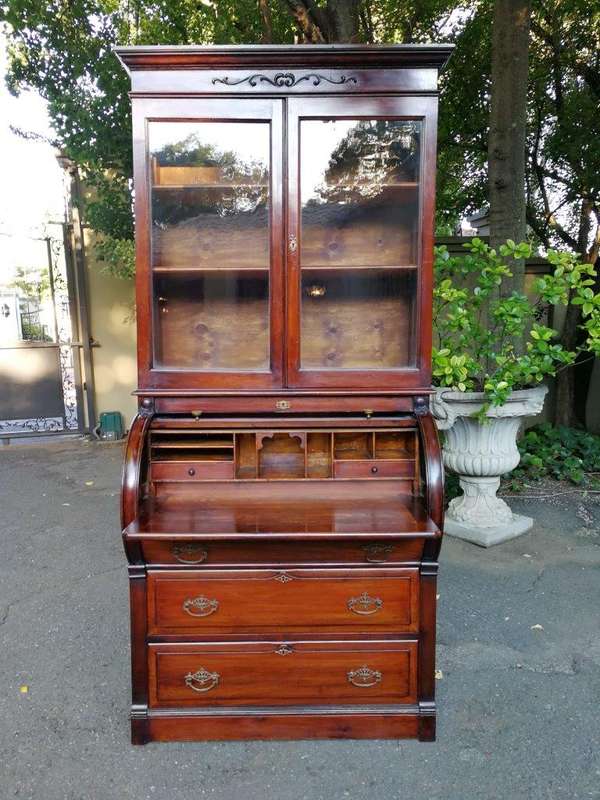 Victorian Mahogany Cylinder Top Secretaire Bookcase