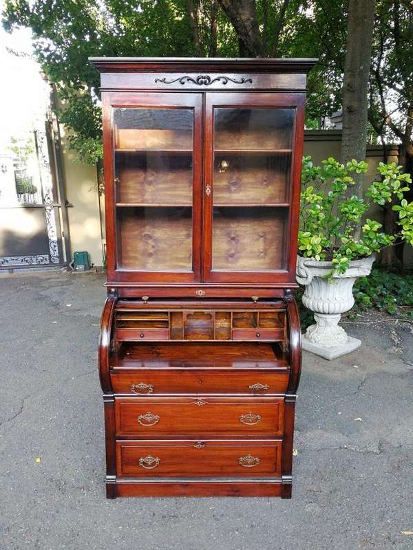Victorian Mahogany Cylinder Top Secretaire Bookcase