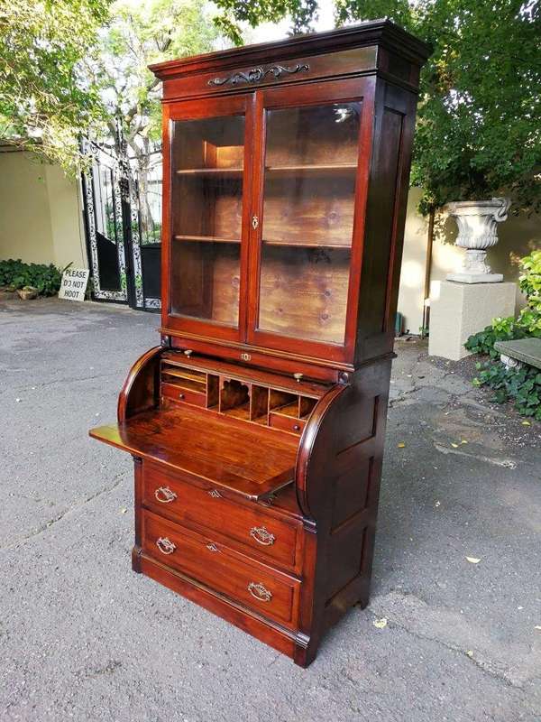 Victorian Mahogany Cylinder Top Secretaire Bookcase
